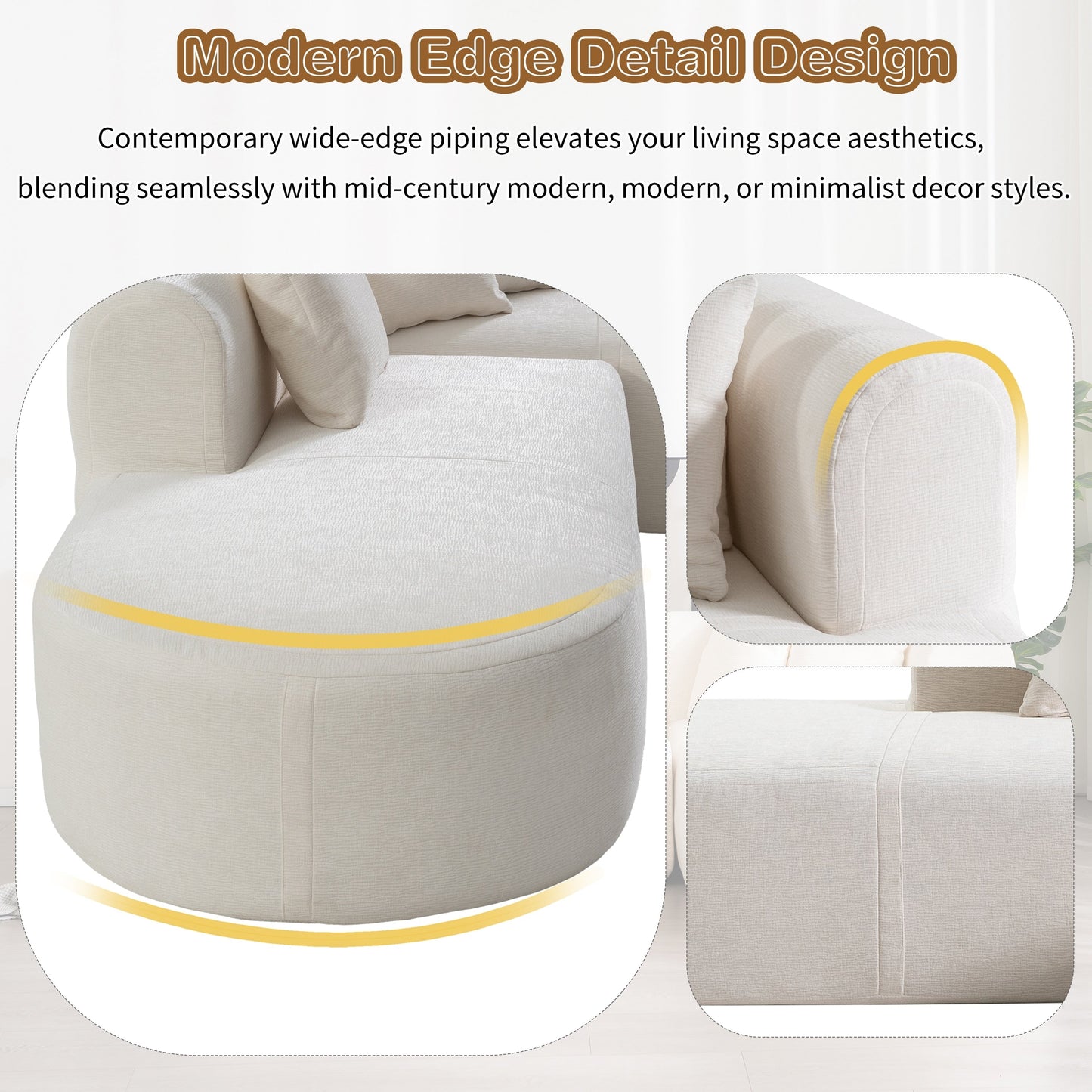 Divano componibile curvo moderno a 4 posti con 4 cuscini morbidi per soggiorno e camera da letto