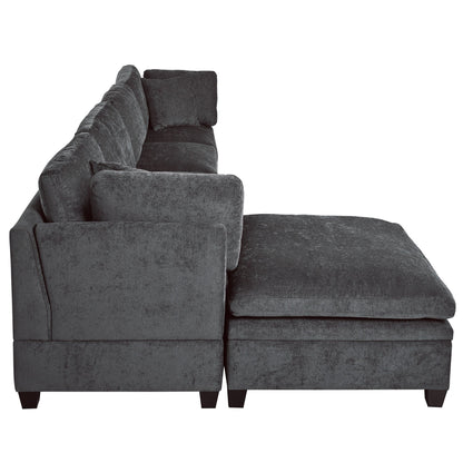 Divano componibile moderno a 5 posti a forma di U con pouf contenitore e portabicchieri nascosti per soggiorno e appartamento