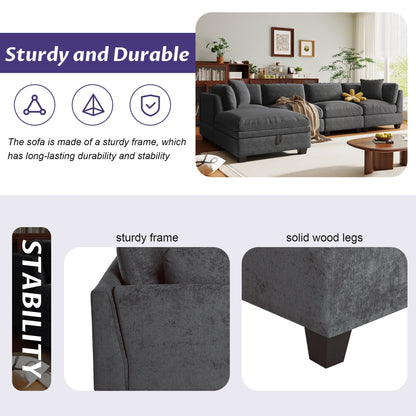 Divano componibile moderno a 5 posti a forma di U con pouf contenitore e portabicchieri nascosti per soggiorno e appartamento