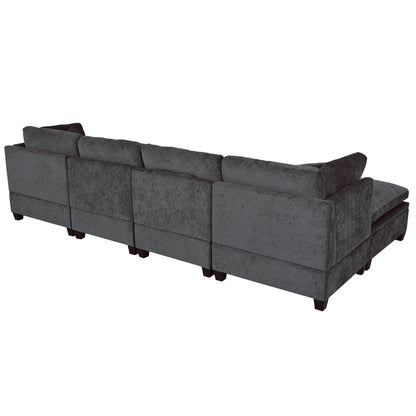 Divano componibile moderno a 5 posti a forma di U con pouf contenitore e portabicchieri nascosti per soggiorno e appartamento