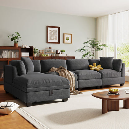 Divano componibile moderno a 5 posti a forma di U con pouf contenitore e portabicchieri nascosti per soggiorno e appartamento