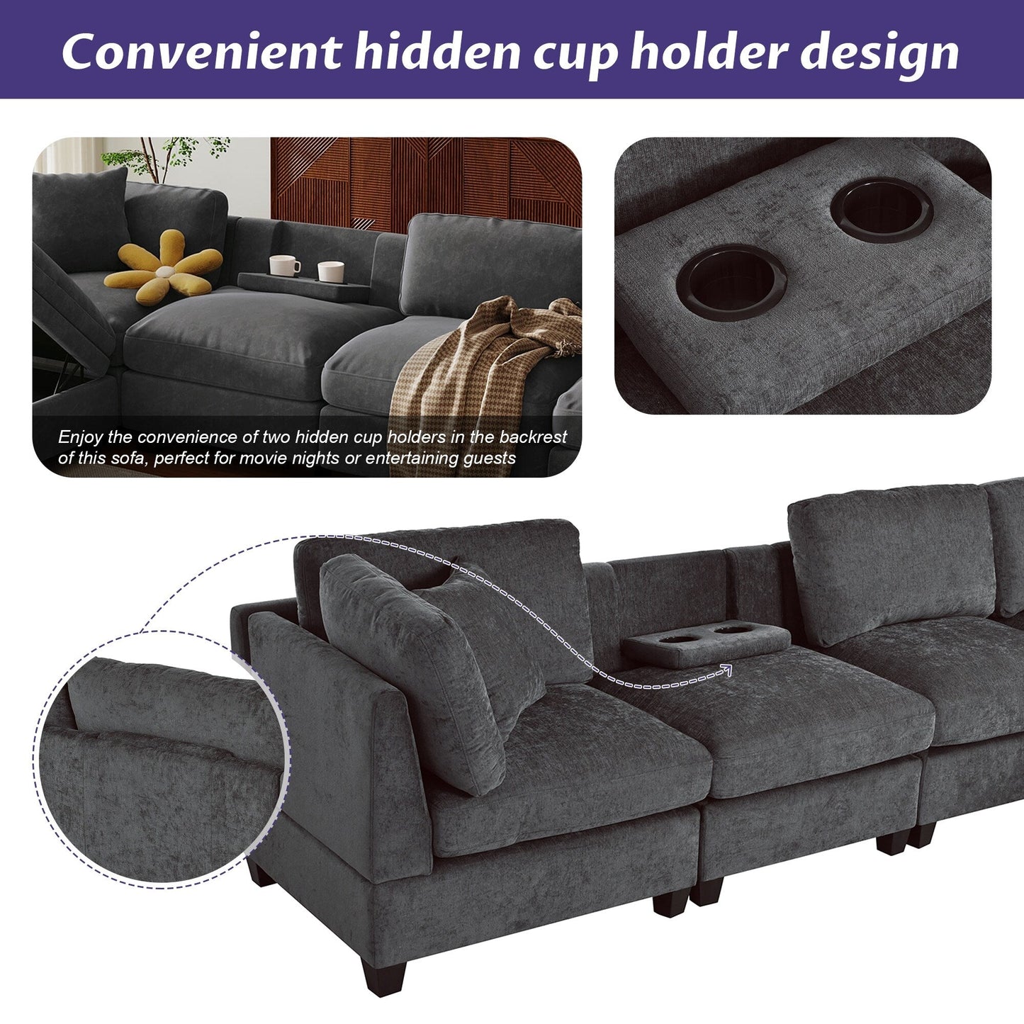 Divano componibile moderno a 5 posti a forma di U con pouf contenitore e portabicchieri nascosti per soggiorno e appartamento