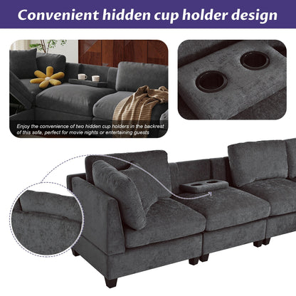 Divano componibile moderno a 5 posti a forma di U con pouf contenitore e portabicchieri nascosti per soggiorno e appartamento