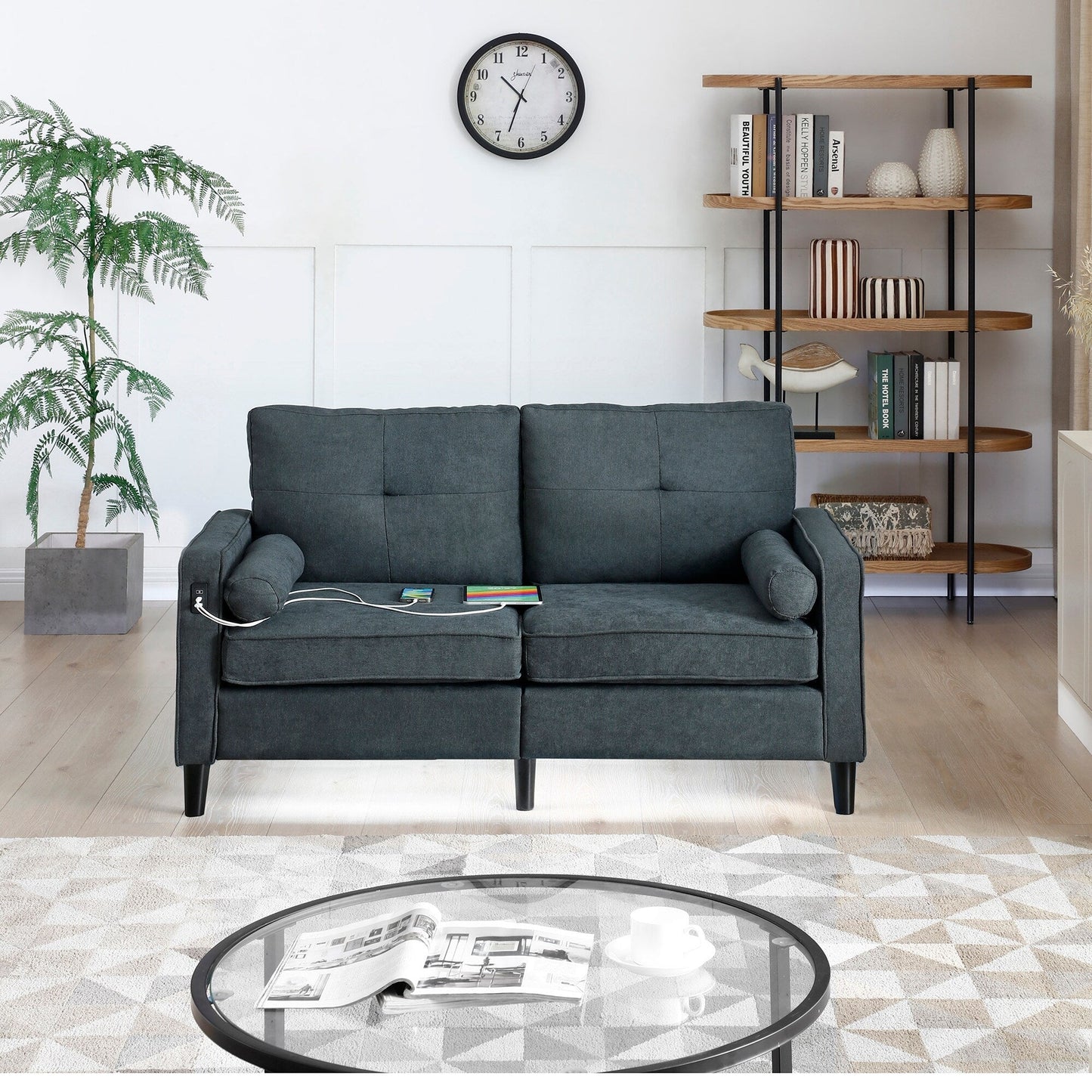 Divano moderno in lino da 57,87 pollici con luci a LED e 2 porte USB per soggiorno