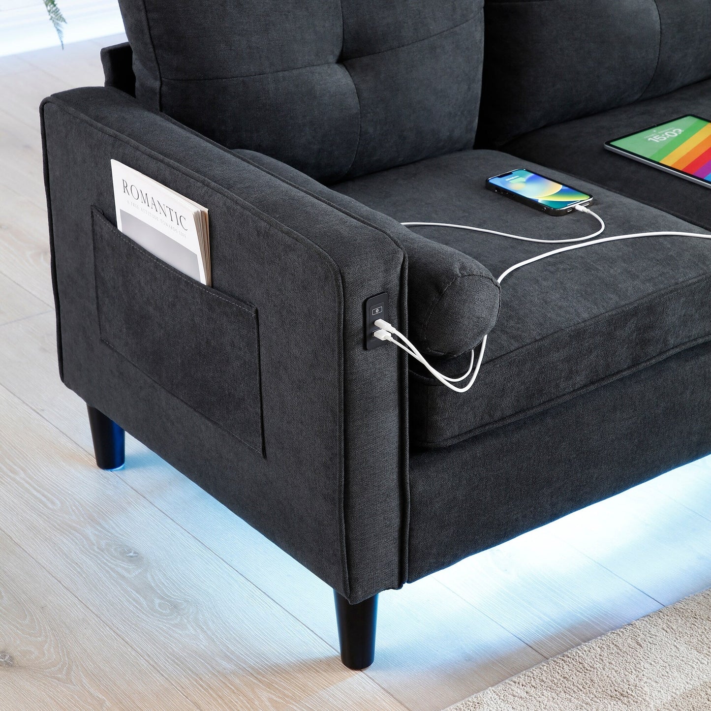 Divano moderno in lino da 57,87 pollici con luci a LED e 2 porte USB per soggiorno