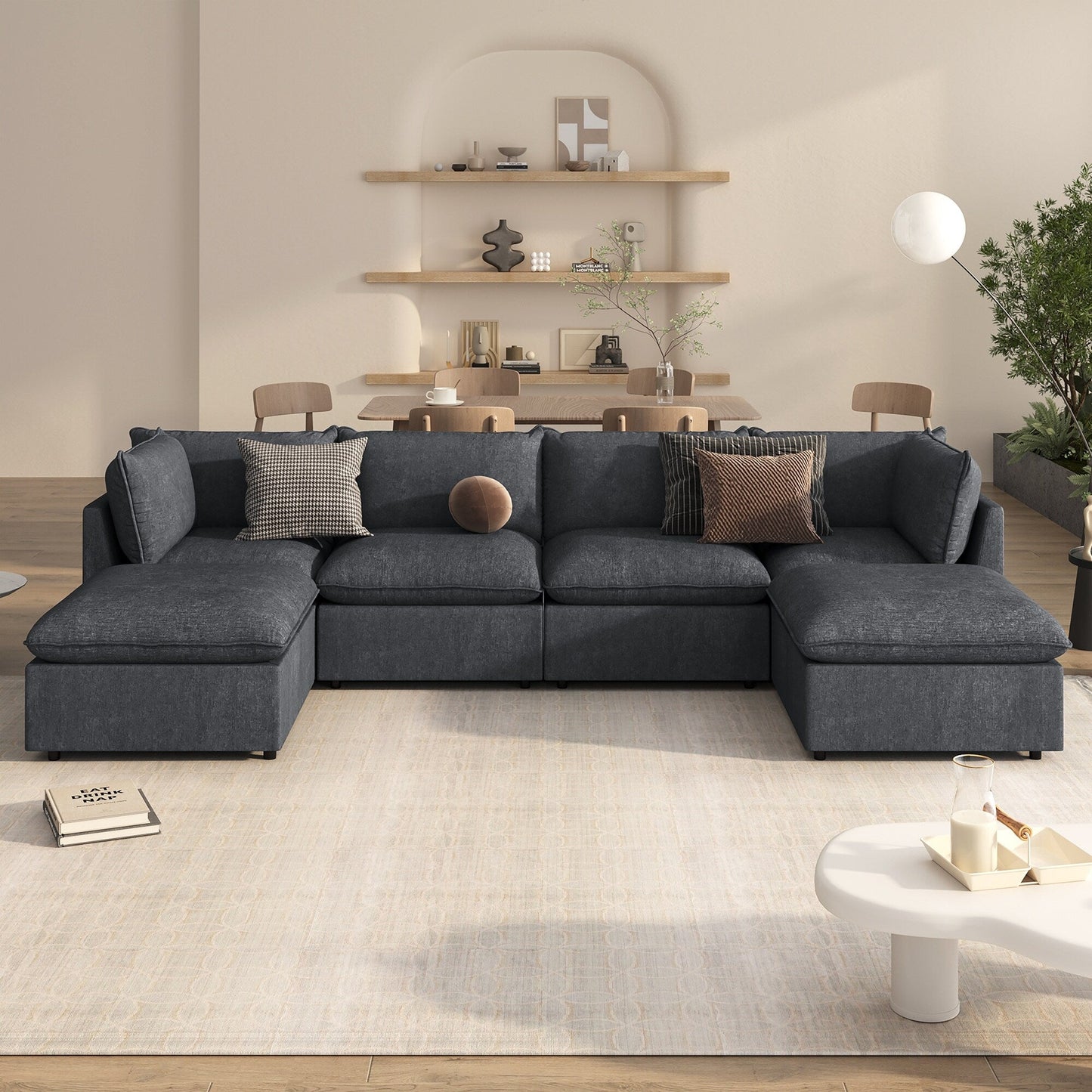 Divano componibile moderno a forma di U da 6 pezzi con pouf rimovibili e struttura in legno