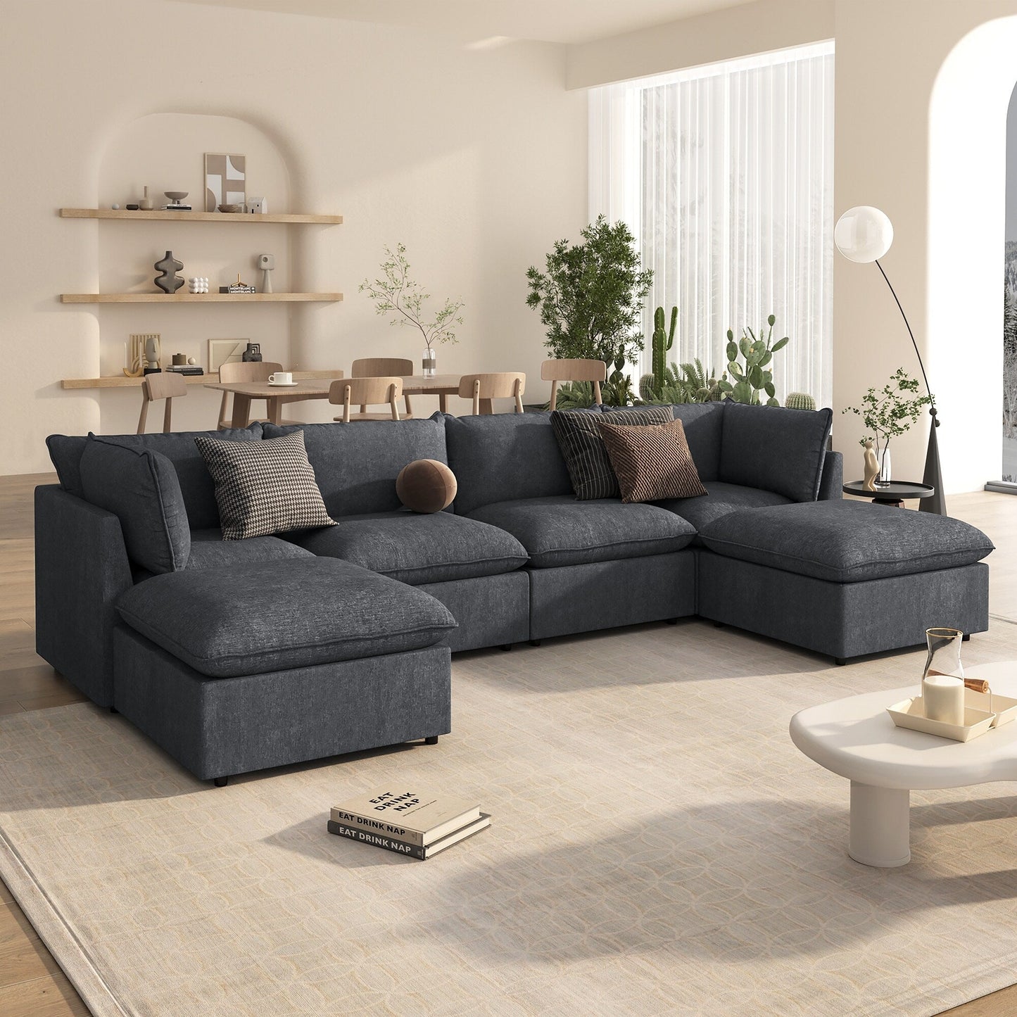 Divano componibile moderno a forma di U da 6 pezzi con pouf rimovibili e struttura in legno
