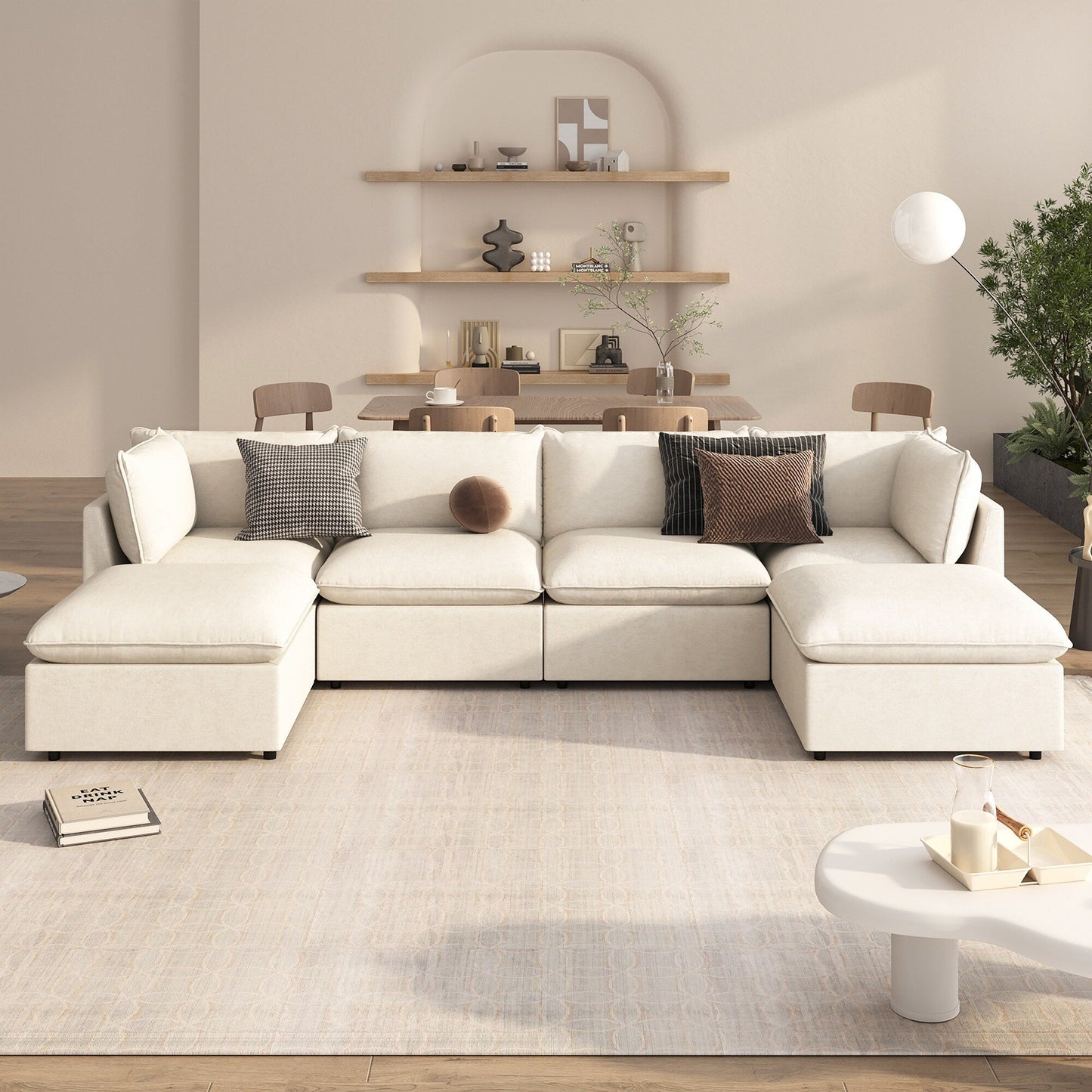 Divano componibile moderno a forma di U da 6 pezzi con pouf rimovibili e struttura in legno