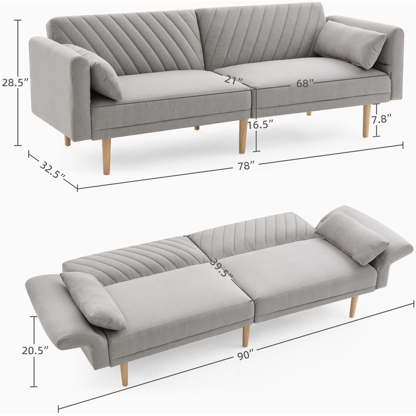 Divano letto futon moderno da 78 posti con 2 cuscini e schienale per soggiorno