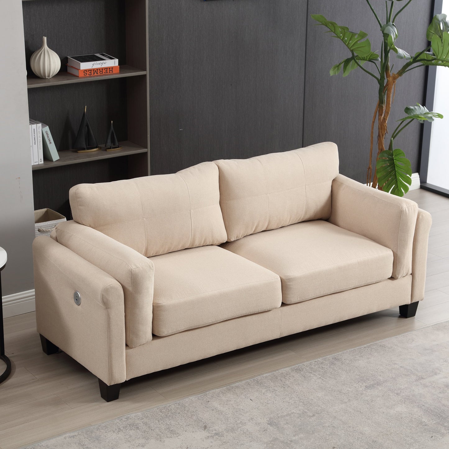 Divano moderno a 3 posti con 79 bottoni, rivestimento in lino trapuntato, 2 porte USB e piedino quadrato in plastica solida