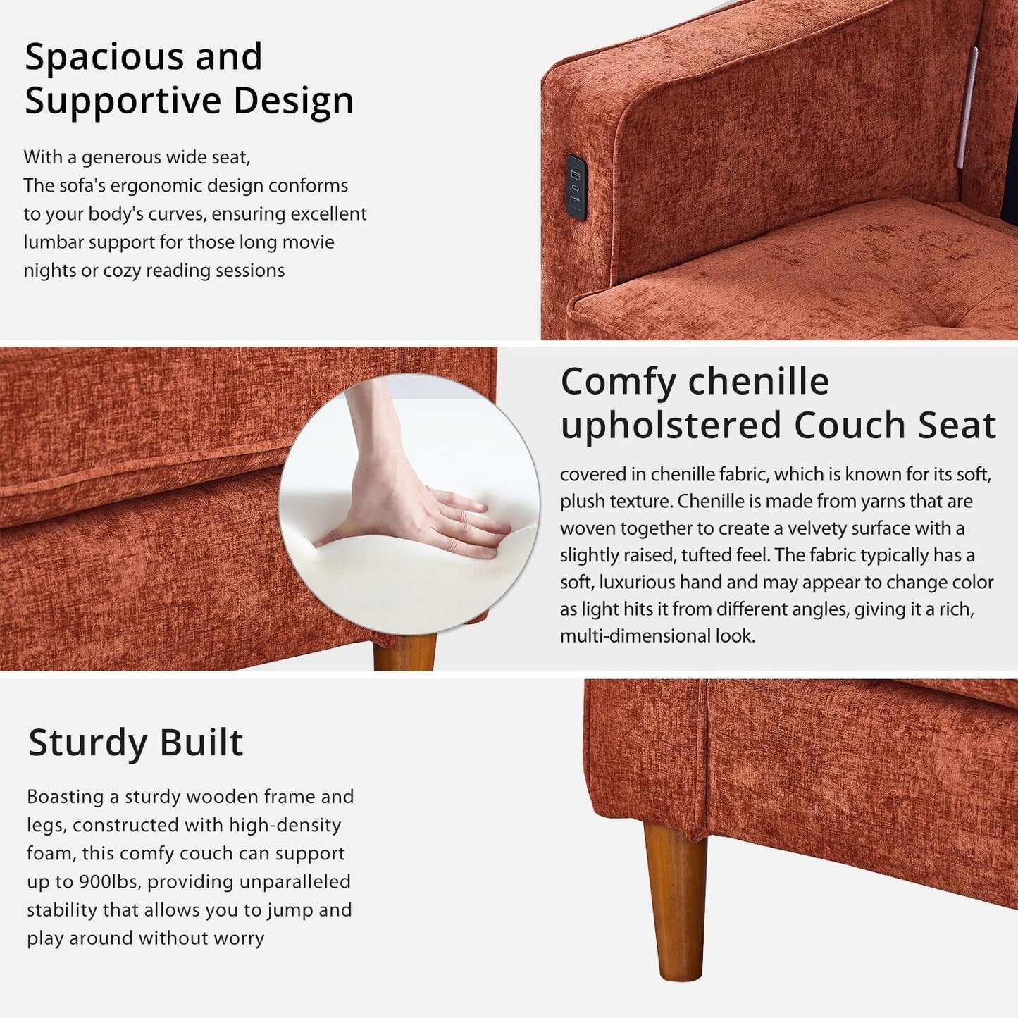 Divano moderno rettangolare da 82 pollici con braccioli quadrati, imbottito in ciniglia e porte USB