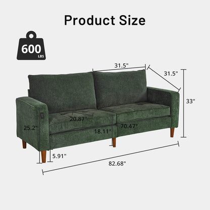 Divano moderno rettangolare da 82 pollici con braccioli quadrati, imbottito in ciniglia e porte USB