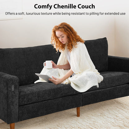 Divano moderno rettangolare da 82 pollici con braccioli quadrati, imbottito in ciniglia e porte USB