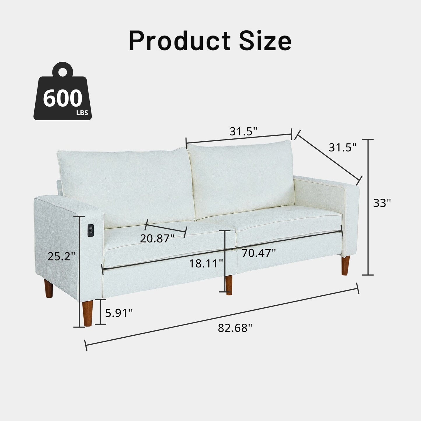 Divano moderno rettangolare da 82 pollici con braccioli quadrati, imbottito in ciniglia e porte USB