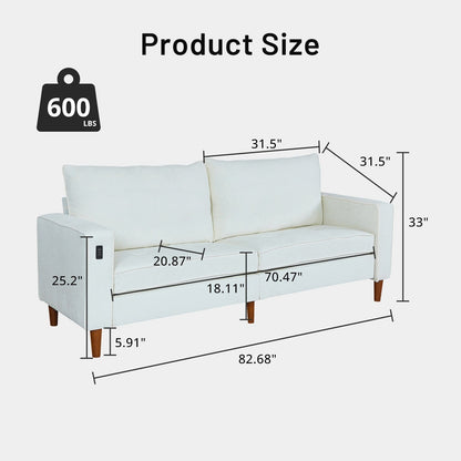 Divano moderno rettangolare da 82 pollici con braccioli quadrati, imbottito in ciniglia e porte USB