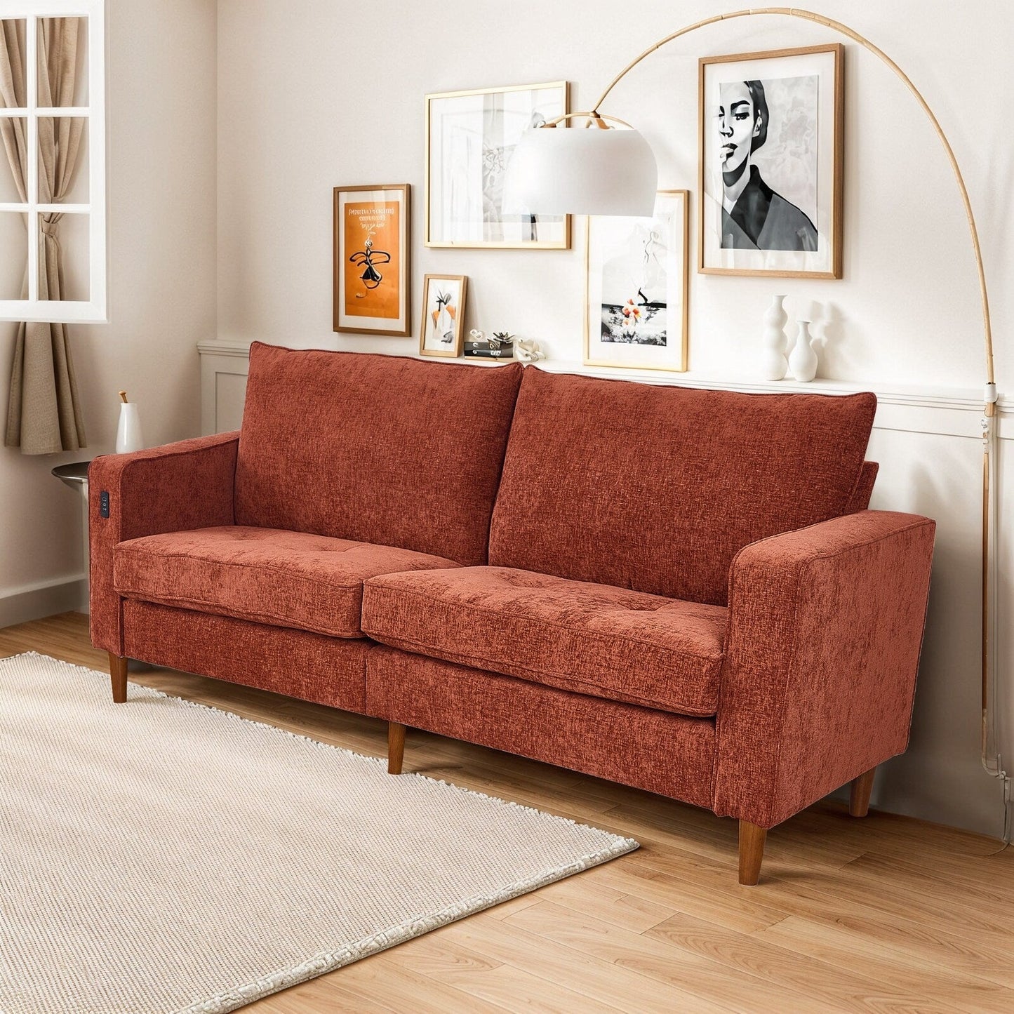 Divano moderno rettangolare da 82 pollici con braccioli quadrati, imbottito in ciniglia e porte USB