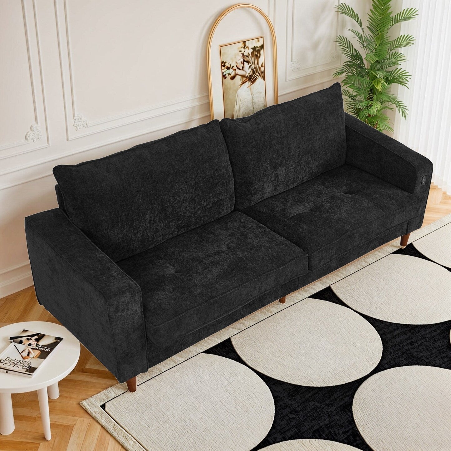 Divano moderno rettangolare da 82 pollici con braccioli quadrati, imbottito in ciniglia e porte USB