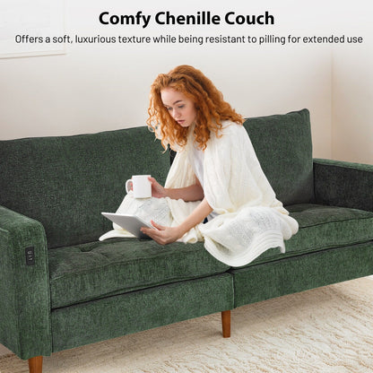 Divano moderno rettangolare da 82 pollici con braccioli quadrati, imbottito in ciniglia e porte USB