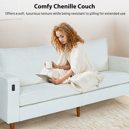 Divano moderno rettangolare da 82 pollici con braccioli quadrati, imbottito in ciniglia e porte USB