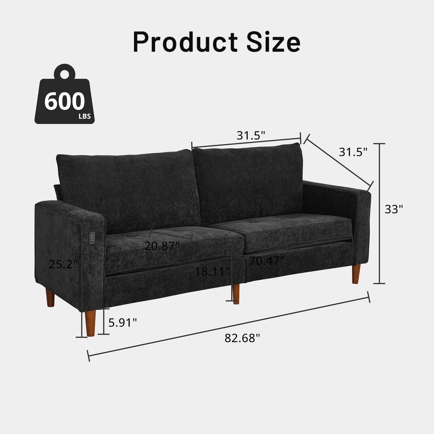 Divano moderno rettangolare da 82 pollici con braccioli quadrati, imbottito in ciniglia e porte USB