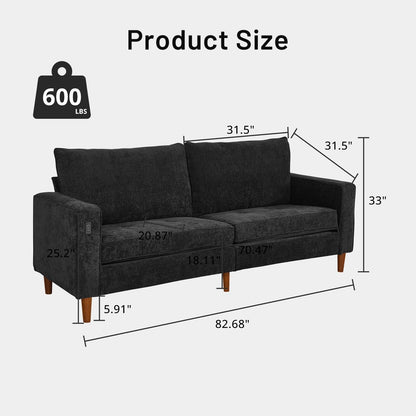 Divano moderno rettangolare da 82 pollici con braccioli quadrati, imbottito in ciniglia e porte USB