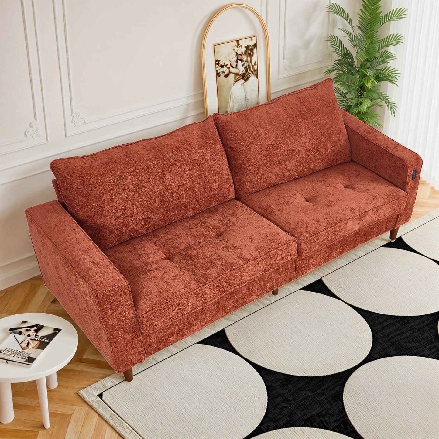 Divano moderno rettangolare da 82 pollici con braccioli quadrati, imbottito in ciniglia e porte USB