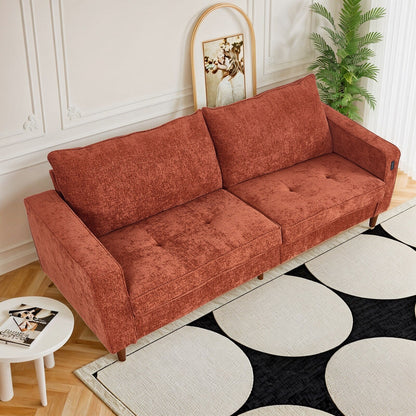 Divano moderno rettangolare da 82 pollici con braccioli quadrati, imbottito in ciniglia e porte USB