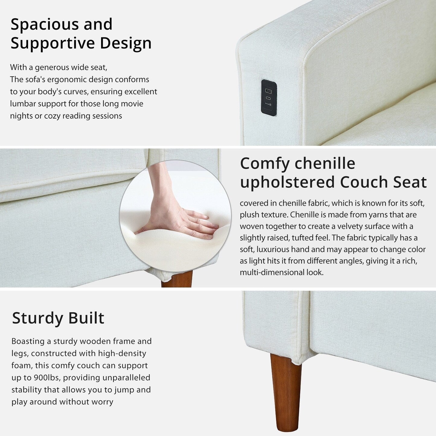 Divano moderno rettangolare da 82 pollici con braccioli quadrati, imbottito in ciniglia e porte USB