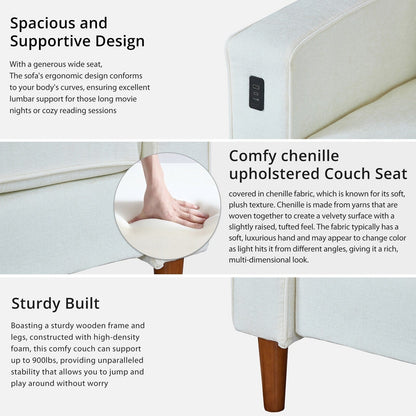 Divano moderno rettangolare da 82 pollici con braccioli quadrati, imbottito in ciniglia e porte USB