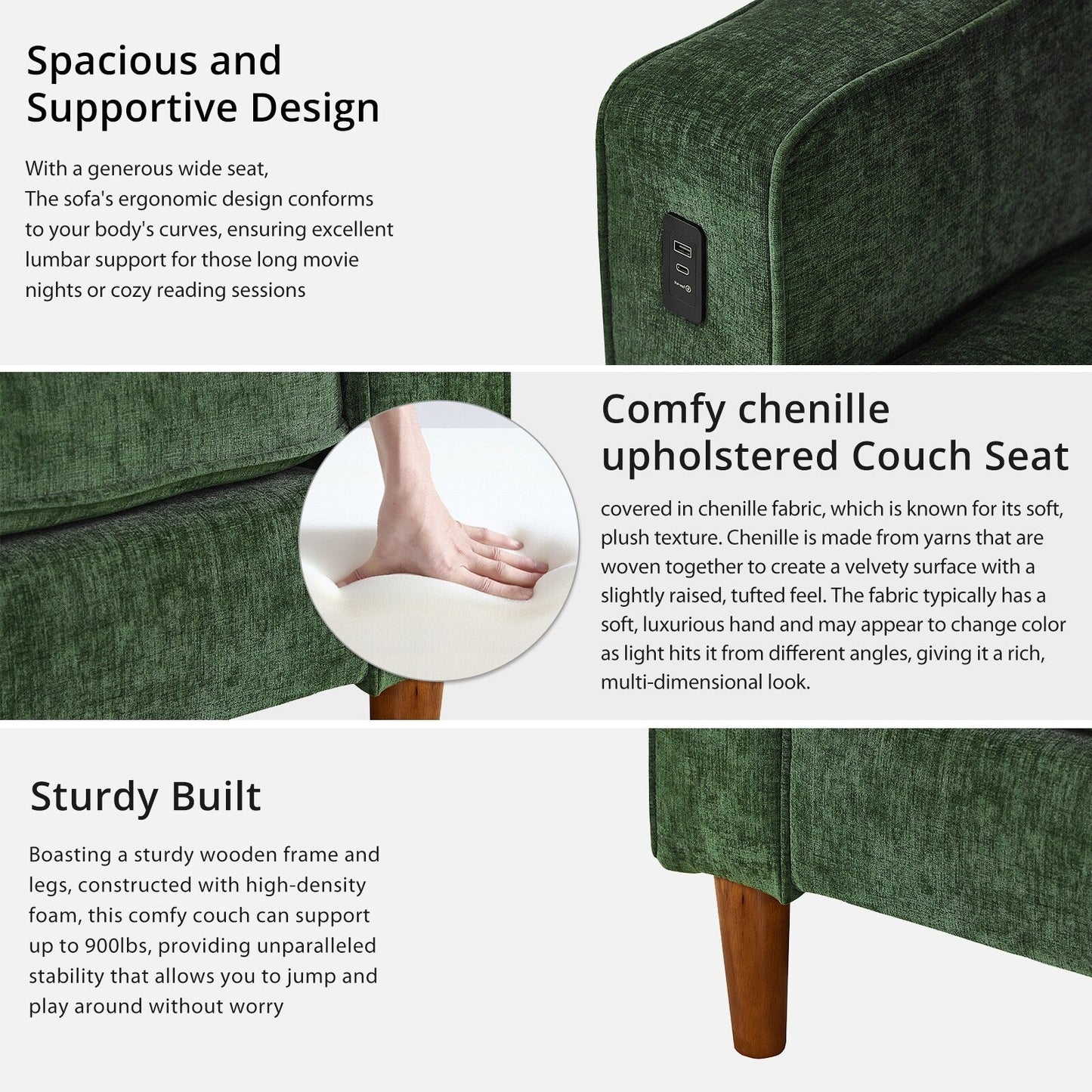 Divano moderno rettangolare da 82 pollici con braccioli quadrati, imbottito in ciniglia e porte USB