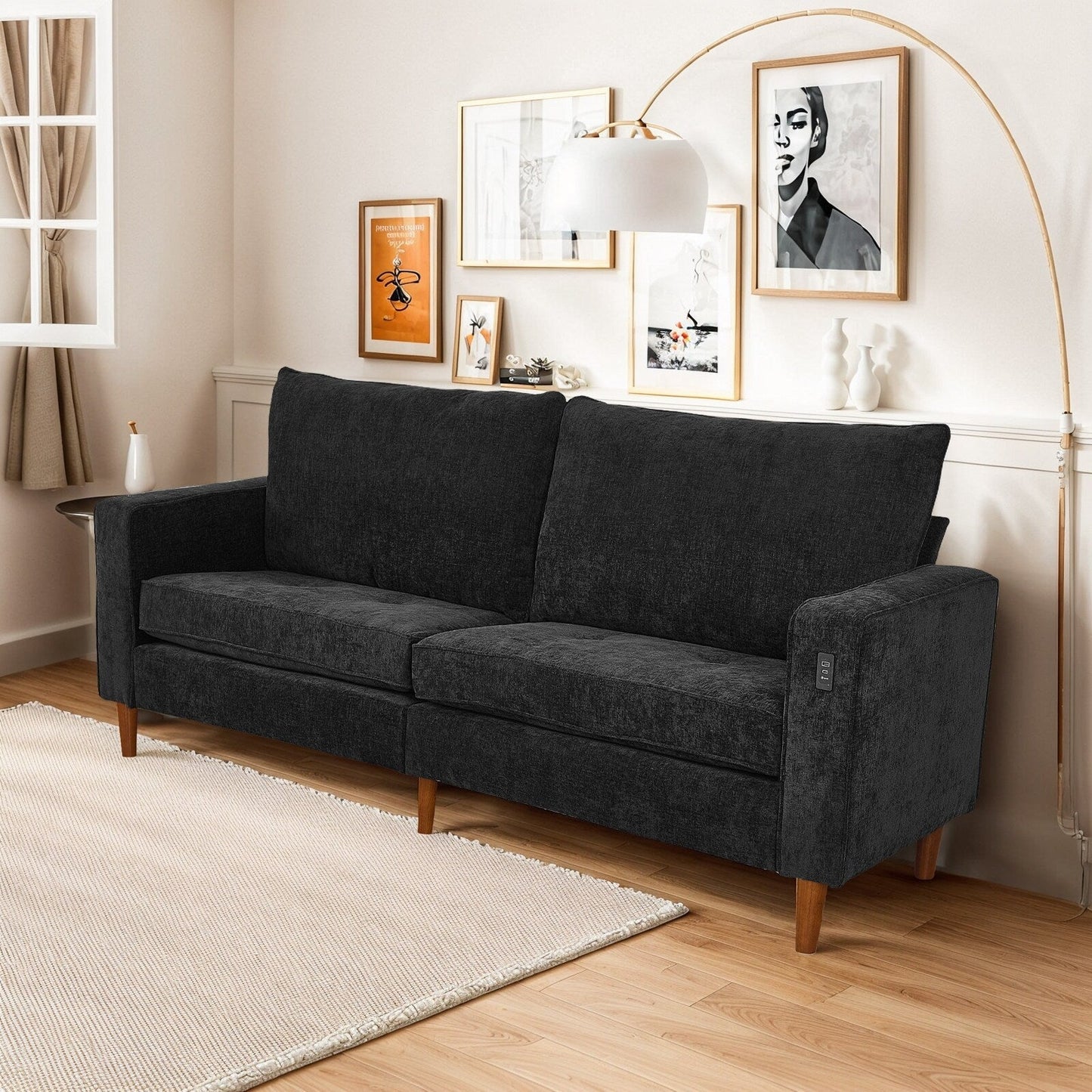 Divano moderno rettangolare da 82 pollici con braccioli quadrati, imbottito in ciniglia e porte USB