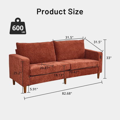 Divano moderno rettangolare da 82 pollici con braccioli quadrati, imbottito in ciniglia e porte USB