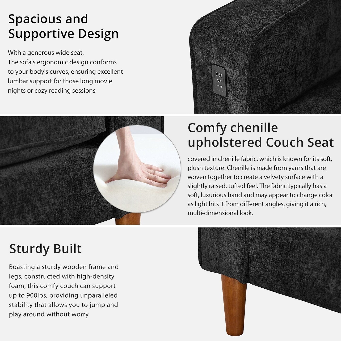 Divano moderno rettangolare da 82 pollici con braccioli quadrati, imbottito in ciniglia e porte USB