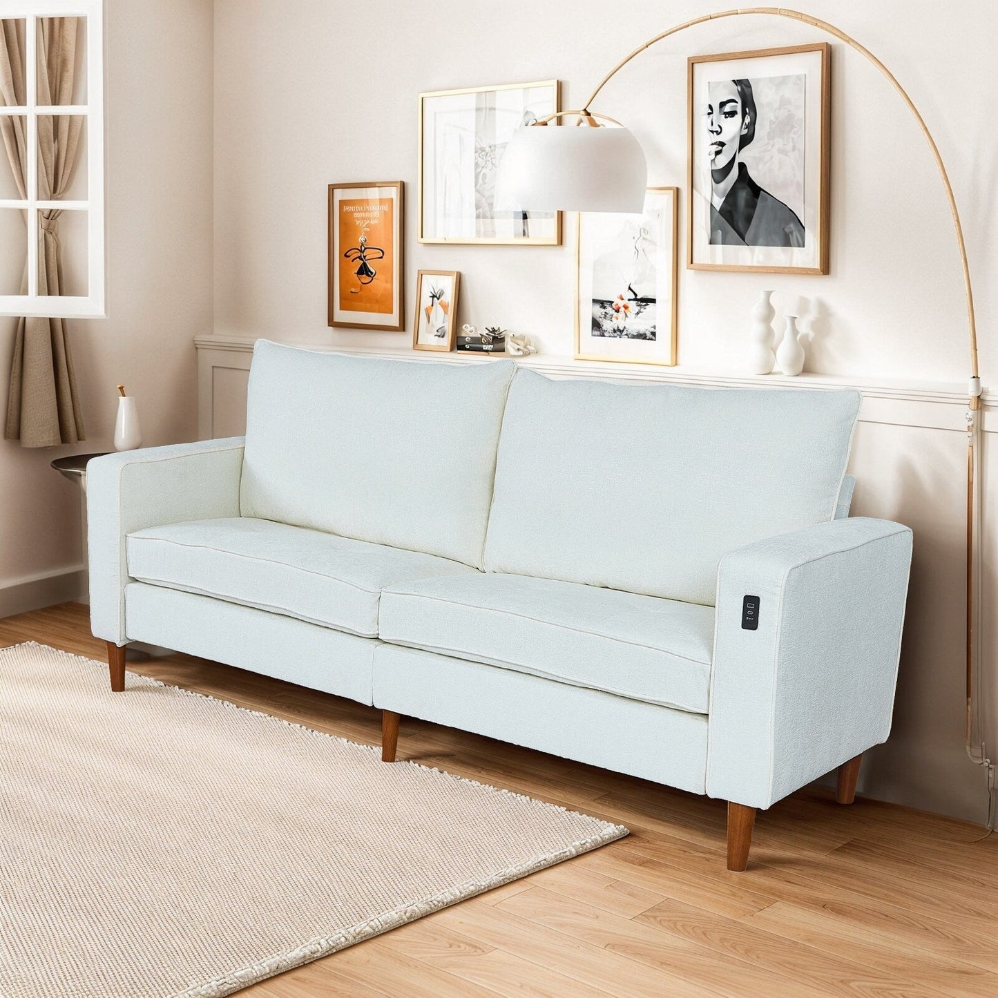 Divano moderno rettangolare da 82 pollici con braccioli quadrati, imbottito in ciniglia e porte USB