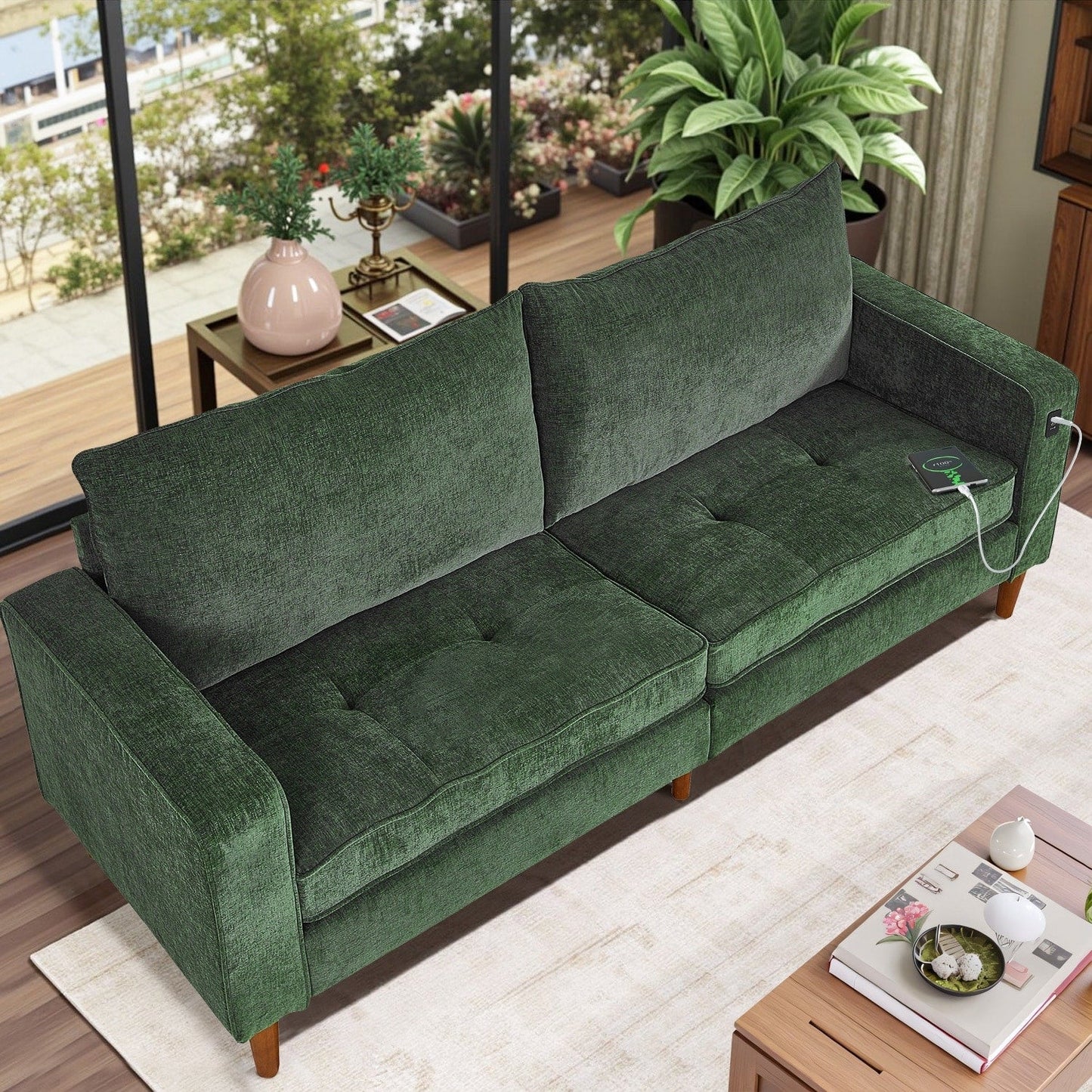 Divano moderno imbottito in ciniglia da 82,68 pollici con porte USB per soggiorno