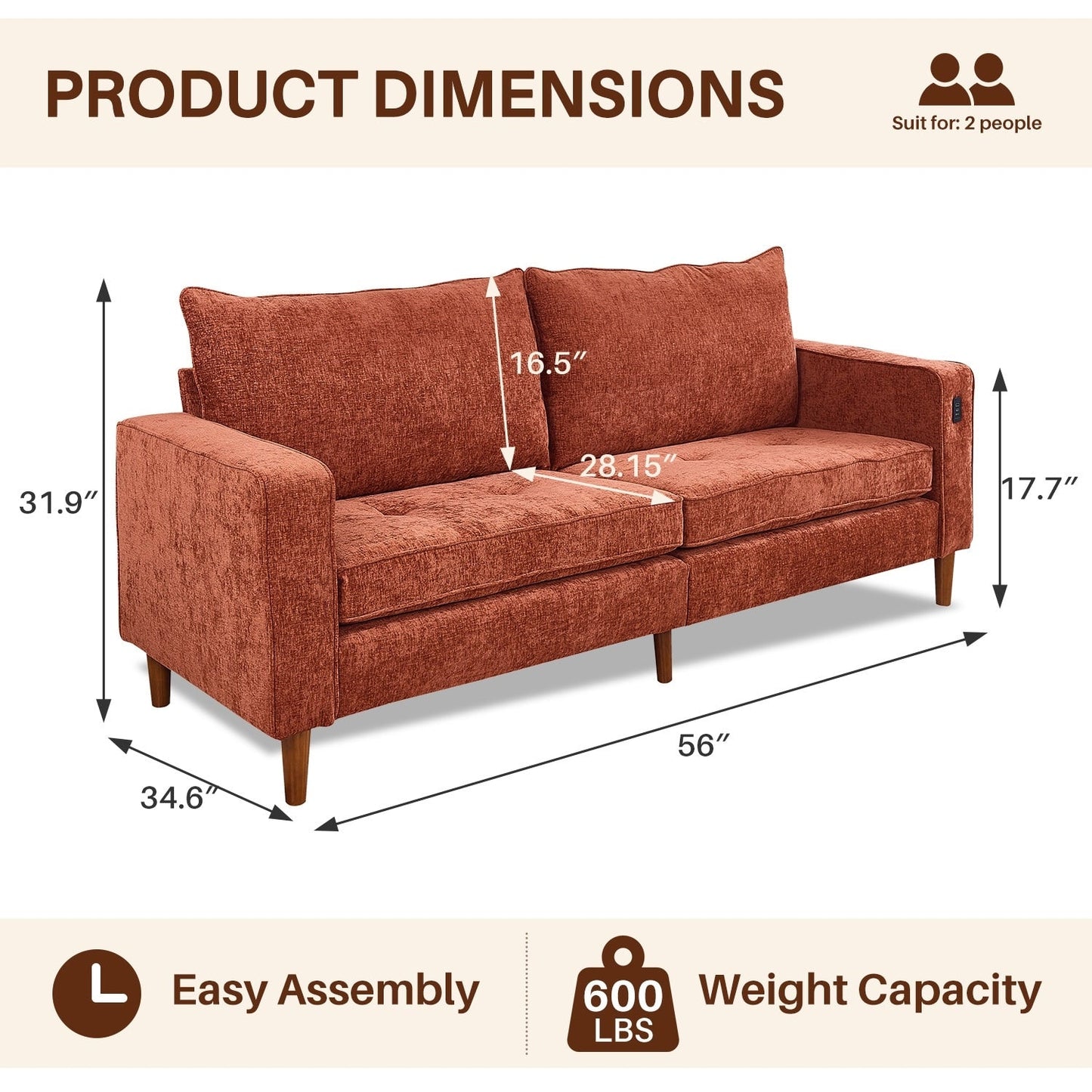Divano moderno imbottito in ciniglia da 82,68 pollici con porte USB per soggiorno