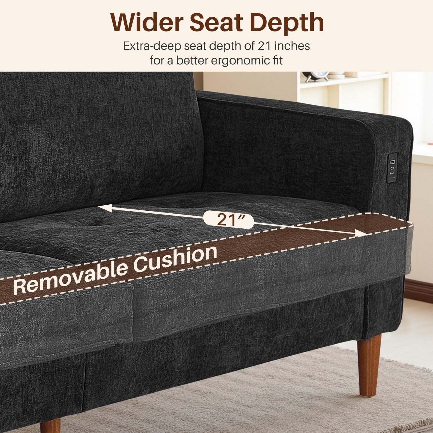 Divano moderno imbottito in ciniglia da 82,68 pollici con porte USB per soggiorno