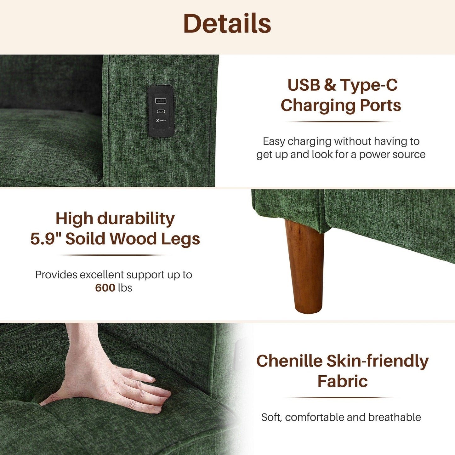 Divano moderno imbottito in ciniglia da 82,68 pollici con porte USB per soggiorno