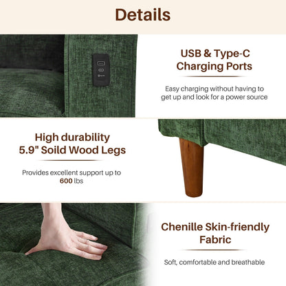 Divano moderno imbottito in ciniglia da 82,68 pollici con porte USB per soggiorno