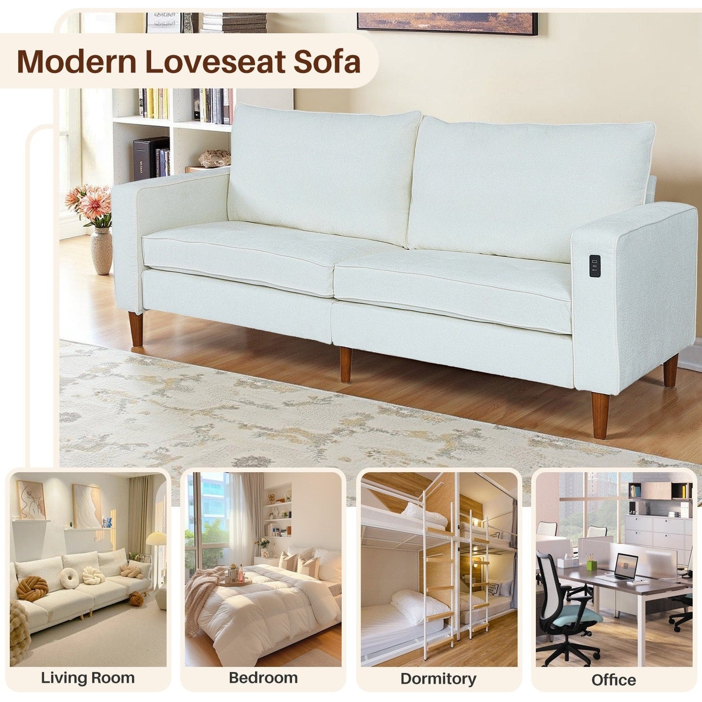 Divano moderno imbottito in ciniglia da 82,68 pollici con porte USB per soggiorno