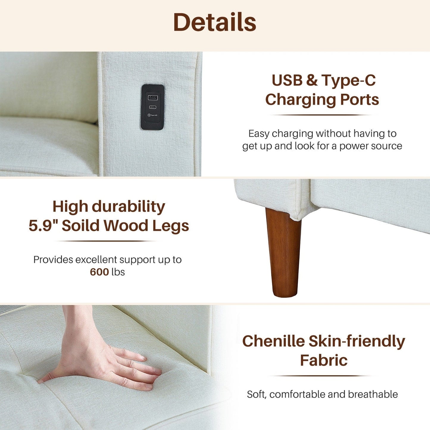 Divano moderno imbottito in ciniglia da 82,68 pollici con porte USB per soggiorno