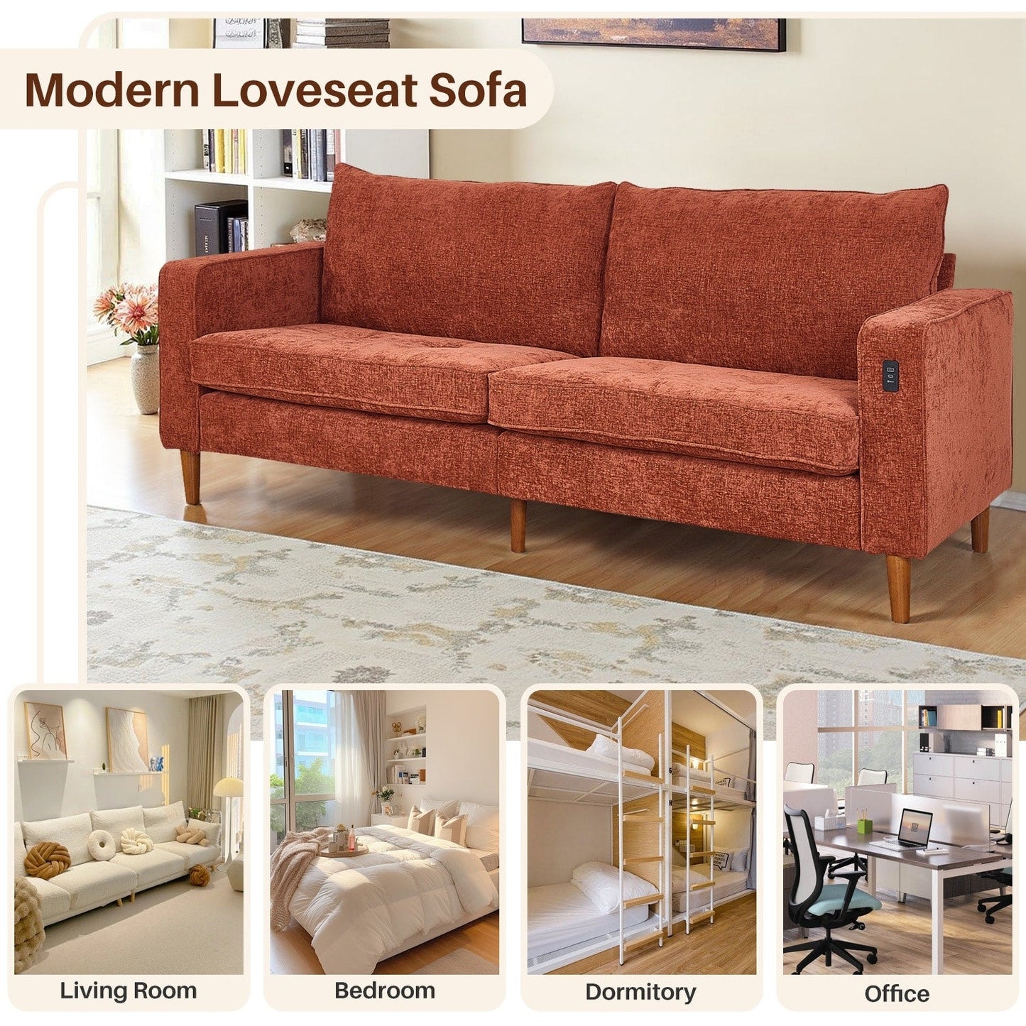 Divano moderno imbottito in ciniglia da 82,68 pollici con porte USB per soggiorno