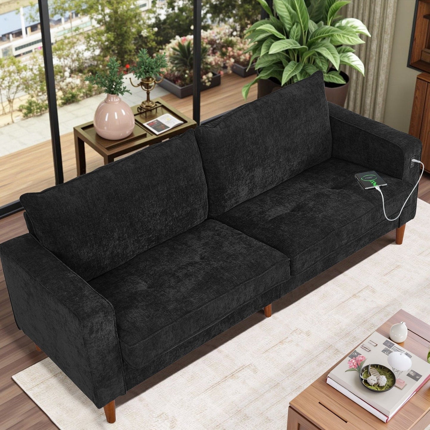 Divano moderno imbottito in ciniglia da 82,68 pollici con porte USB per soggiorno