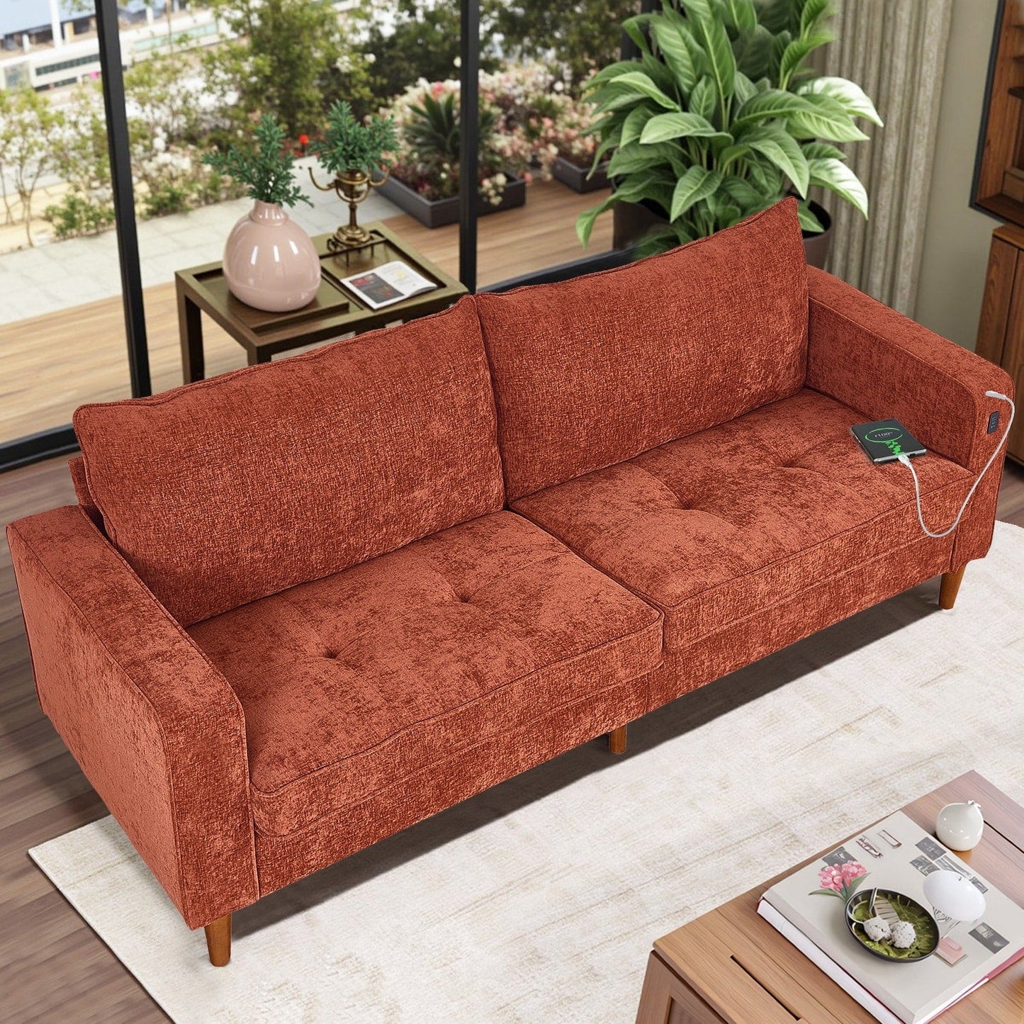 Divano moderno imbottito in ciniglia da 82,68 pollici con porte USB per soggiorno