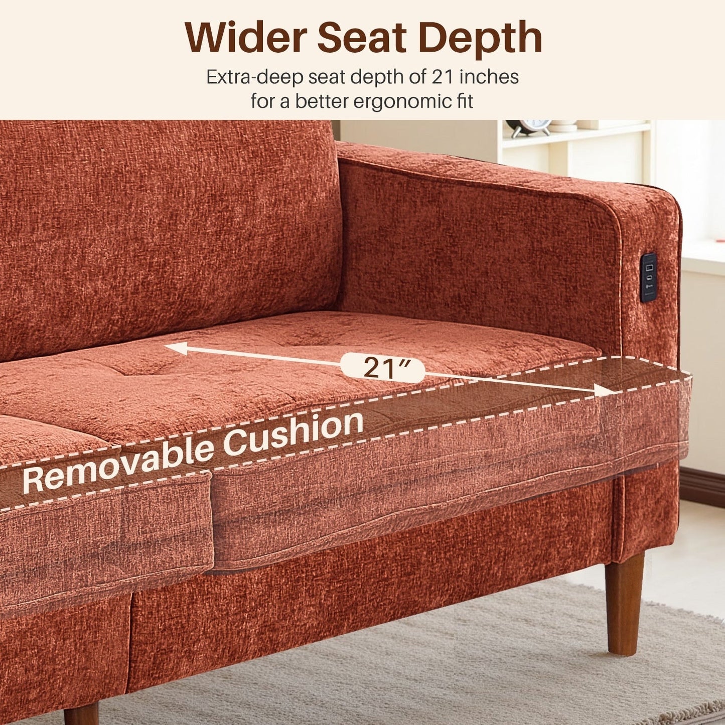 Divano moderno imbottito in ciniglia da 82,68 pollici con porte USB per soggiorno