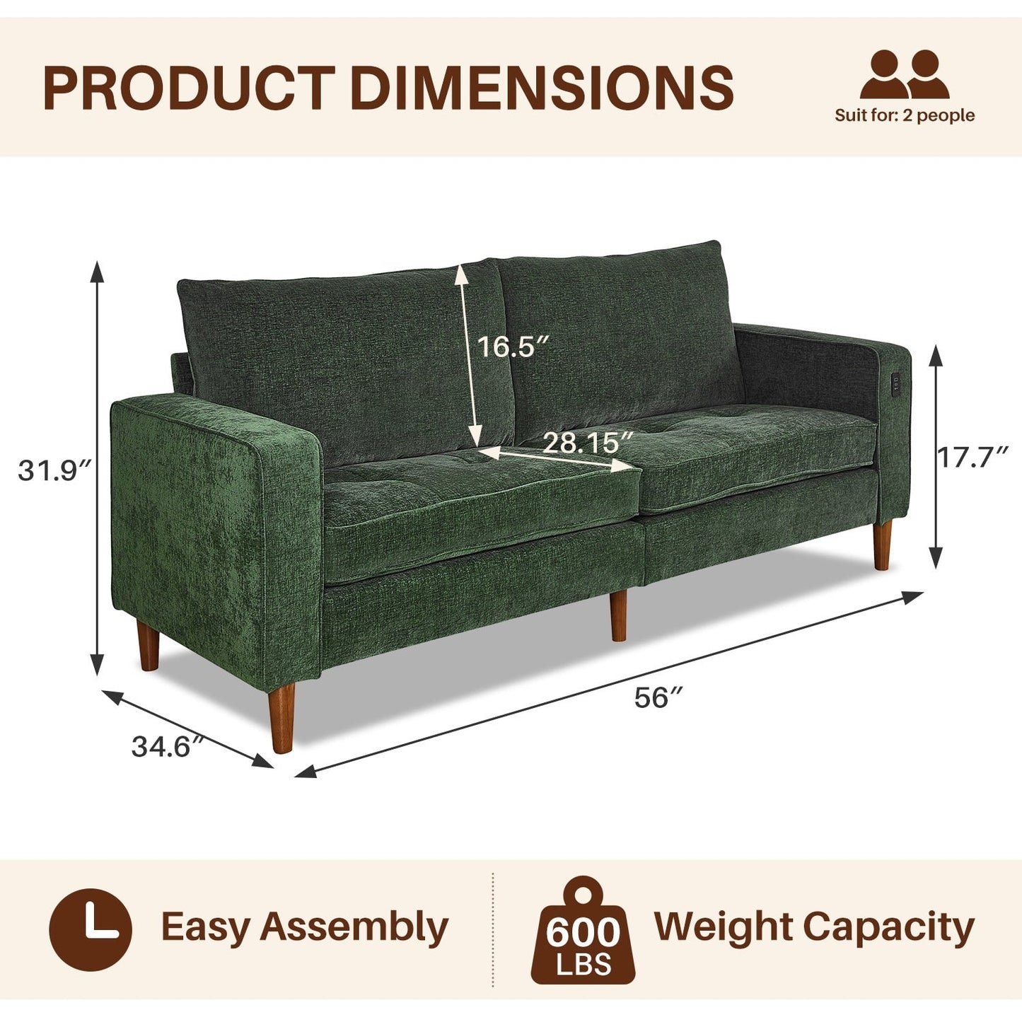 Divano moderno imbottito in ciniglia da 82,68 pollici con porte USB per soggiorno