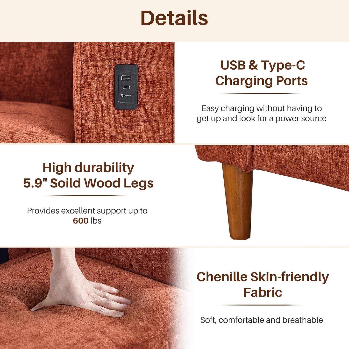 Divano moderno imbottito in ciniglia da 82,68 pollici con porte USB per soggiorno