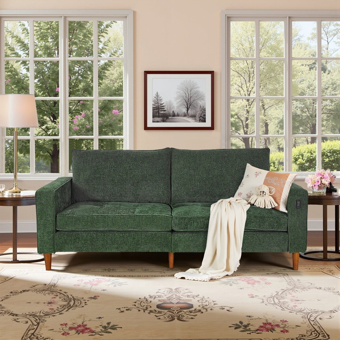 Divano moderno imbottito in ciniglia da 82,68 pollici con porte USB per soggiorno