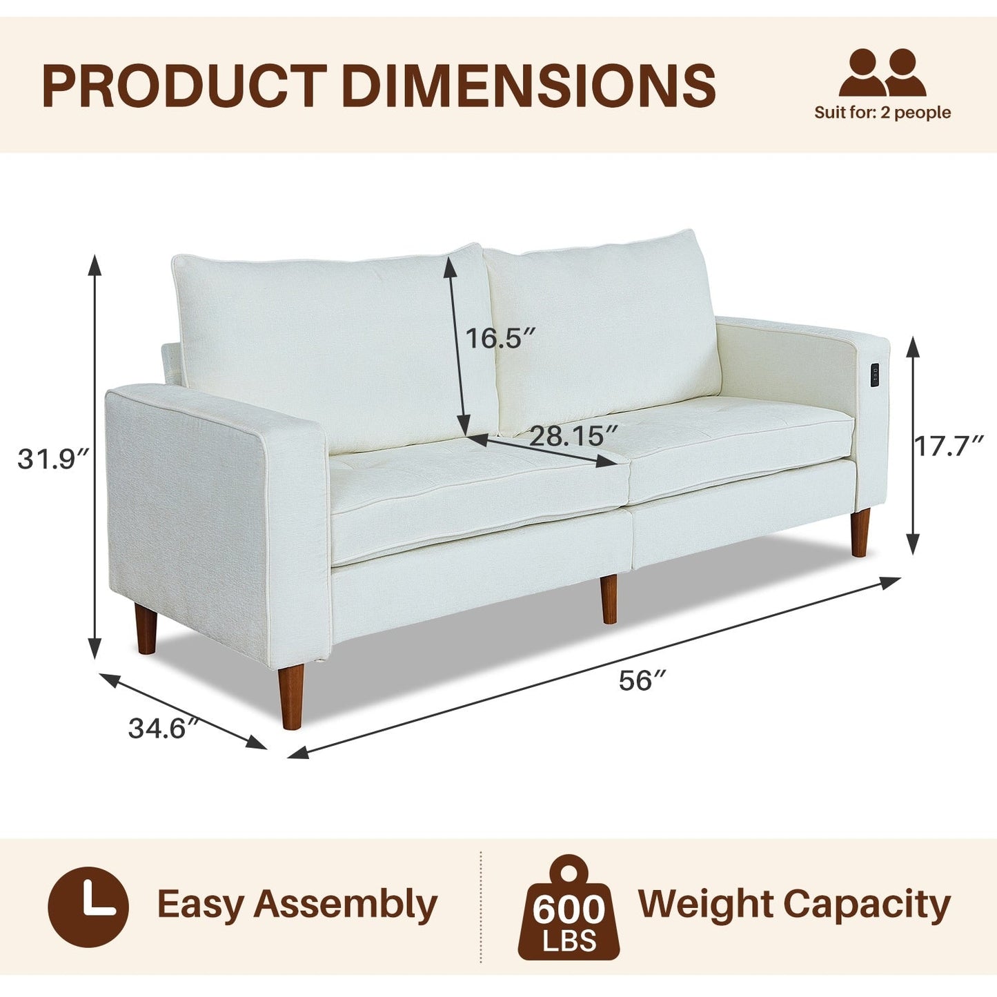 Divano moderno imbottito in ciniglia da 82,68 pollici con porte USB per soggiorno