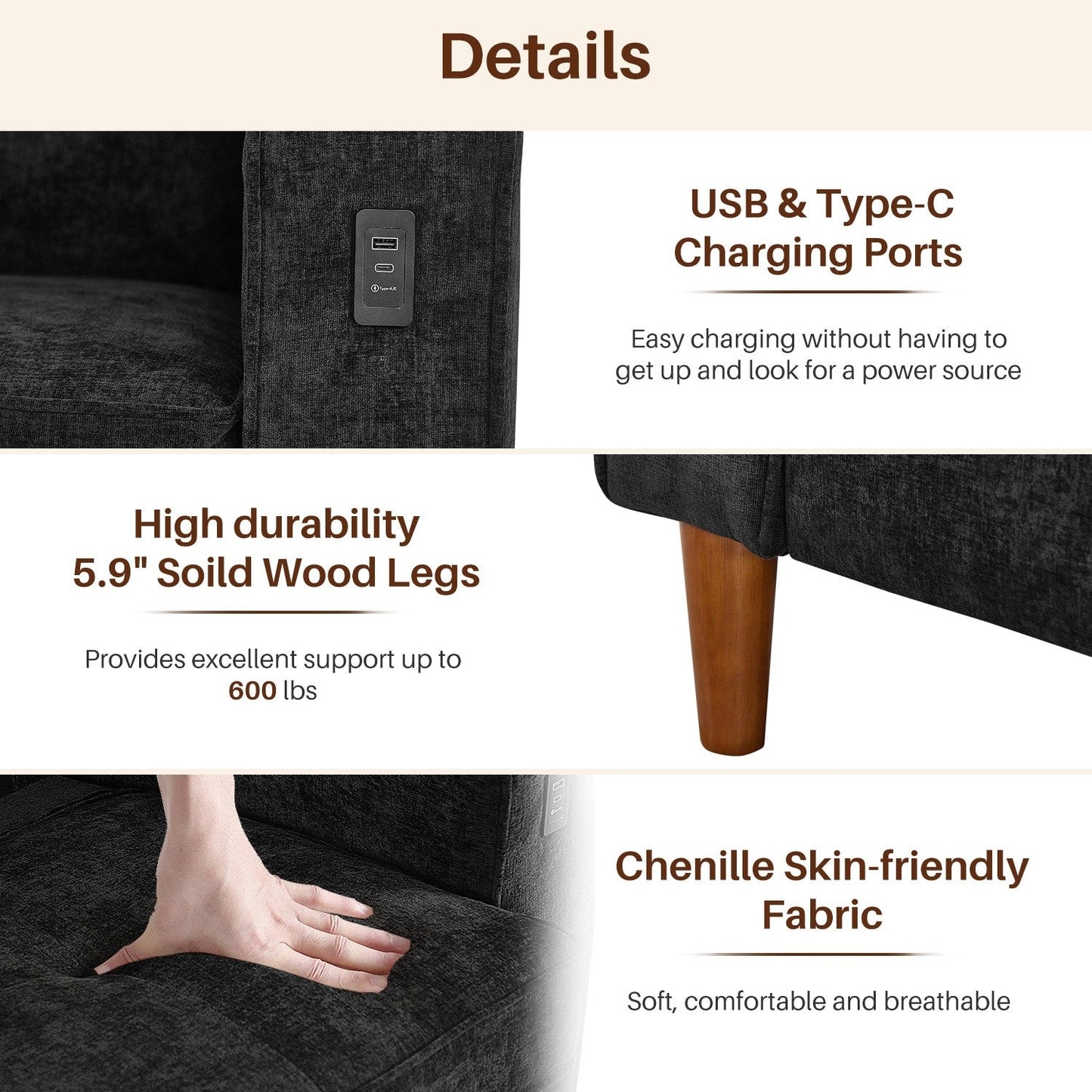 Divano moderno imbottito in ciniglia da 82,68 pollici con porte USB per soggiorno